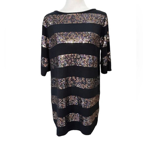 NANETTE  LePORE Multi Colored Sequin & Black Wool Striped Sweater Dress Size Lg - Picture 1 of 7